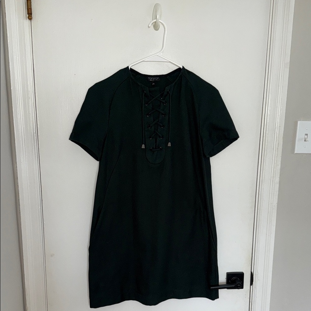 Dark Green Lace-Up Short Sleeve Dress